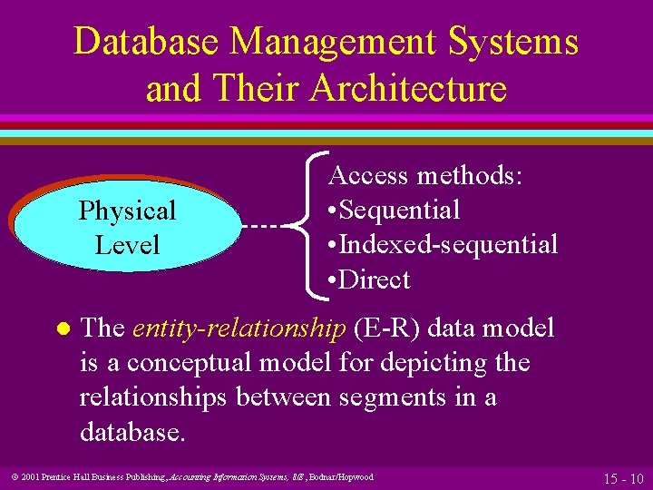 Database Management Systems and Their Architecture Physical Level l Access methods: • Sequential • Database Management Systems and Their Architecture Physical Level l Access methods: • Sequential •