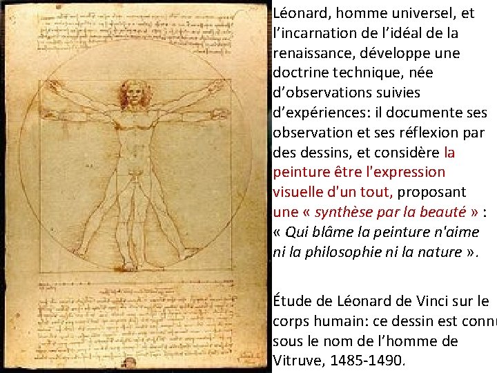 Léonard, homme universel, et l’incarnation de l’idéal de la renaissance, développe une doctrine technique,