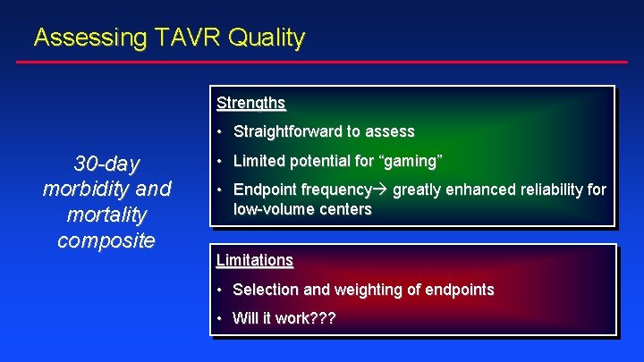 Assessing TAVR Quality Strengths • Straightforward to assess 30 -day morbidity and mortality composite Assessing TAVR Quality Strengths • Straightforward to assess 30 -day morbidity and mortality composite