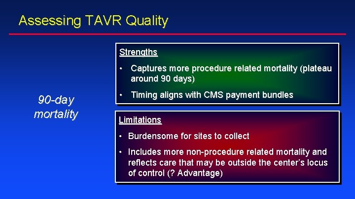 Assessing TAVR Quality Strengths • Captures more procedure related mortality (plateau around 90 days) Assessing TAVR Quality Strengths • Captures more procedure related mortality (plateau around 90 days)