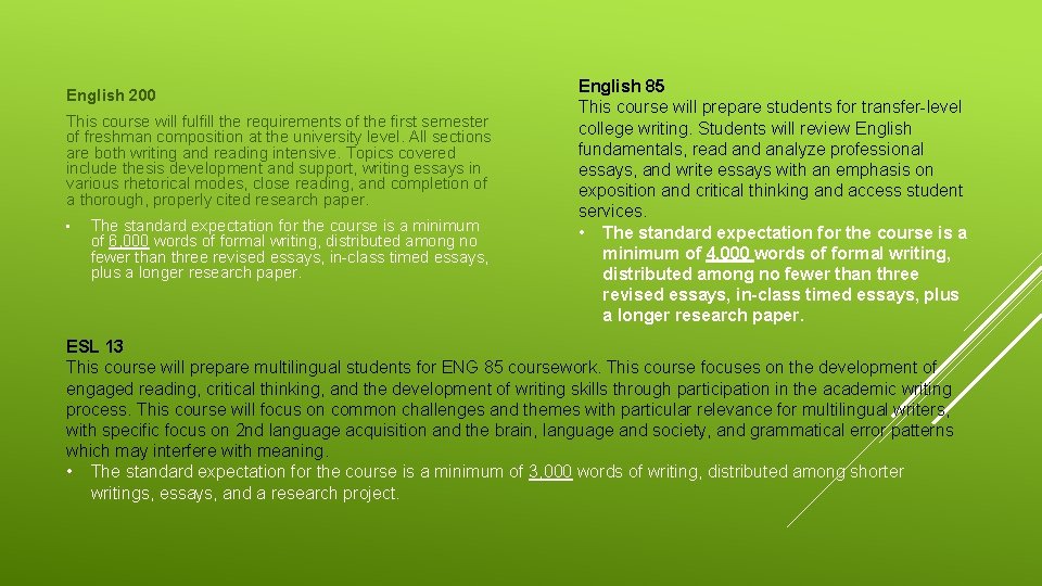 English 200 This course will fulfill the requirements of the first semester of freshman