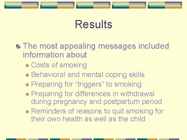 Results The most appealing messages included information about Costs of smoking l Behavioral and