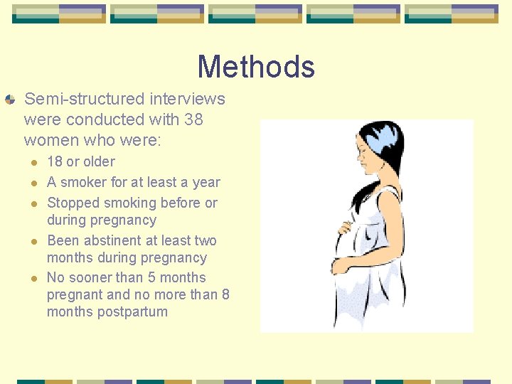 Methods Semi-structured interviews were conducted with 38 women who were: l l l 18