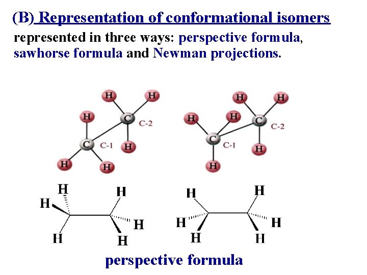 (B) Representation of conformational isomers represented in three ways: perspective formula, sawhorse formula and