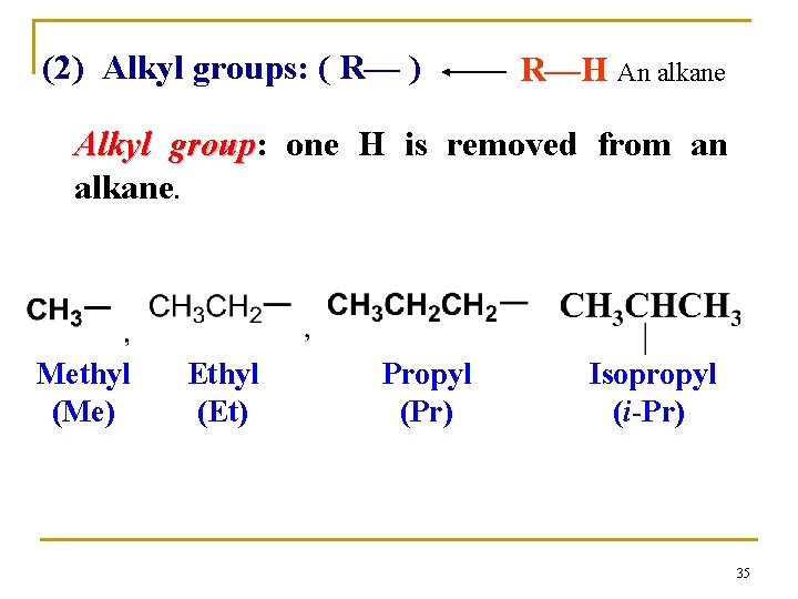 (2) Alkyl groups: ( R— ) R—H An alkane Alkyl group: group one H