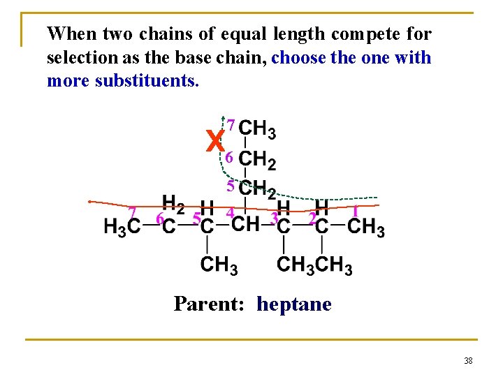 When two chains of equal length compete for selection as the base chain, choose