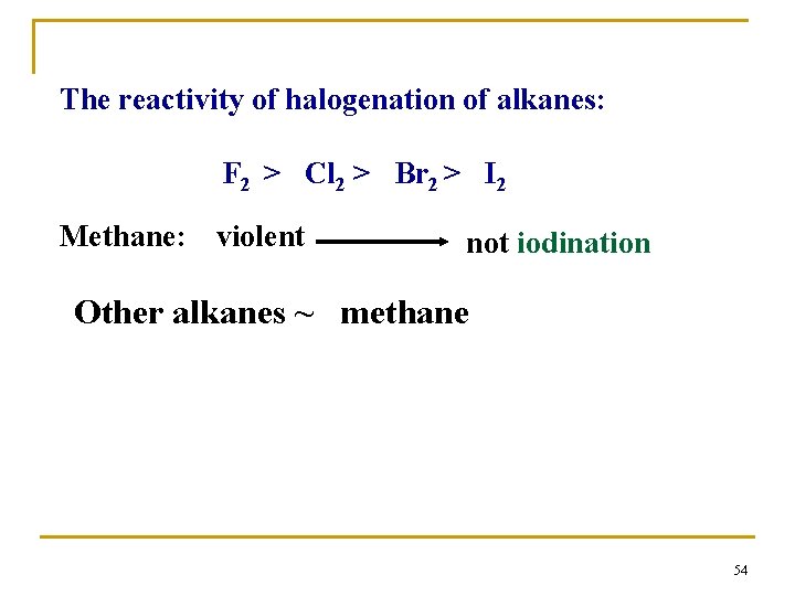 The reactivity of halogenation of alkanes: F 2 > Cl 2 > Br 2