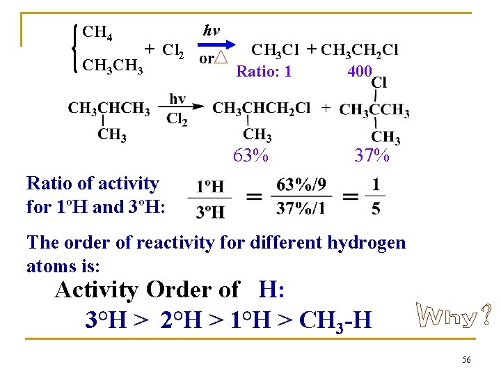 CH 4 hv + Cl 2 or CH 3 Cl + CH 3 CH