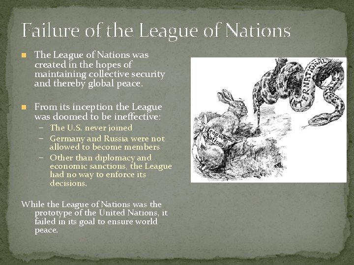 Failure of the League of Nations The League of Nations was created in the