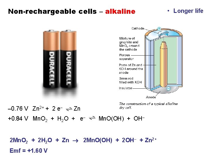 Non-rechargeable cells – alkaline – 0. 76 V Zn 2+ + 2 e– Zn