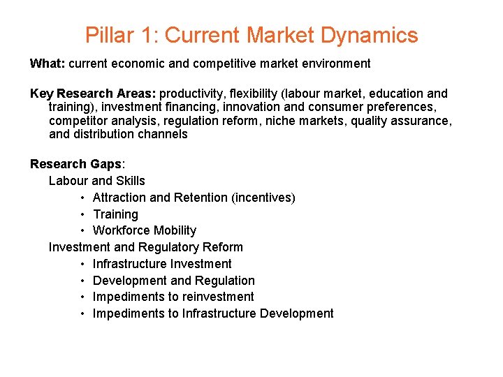 Pillar 1: Current Market Dynamics What: current economic and competitive market environment Key Research