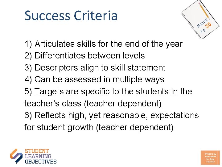 Success Criteria al u an M P g. 1) Articulates skills for the end