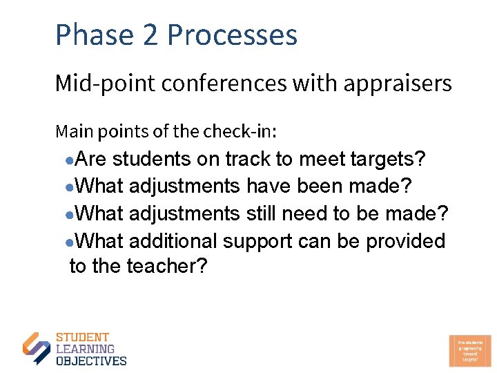 Phase 2 Processes Mid-point conferences with appraisers Main points of the check-in: ●Are students