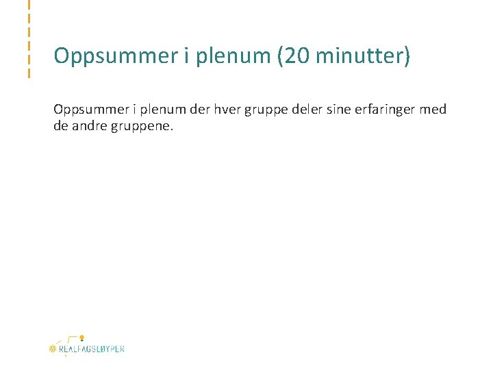 Oppsummer i plenum (20 minutter) Oppsummer i plenum der hver gruppe deler sine erfaringer