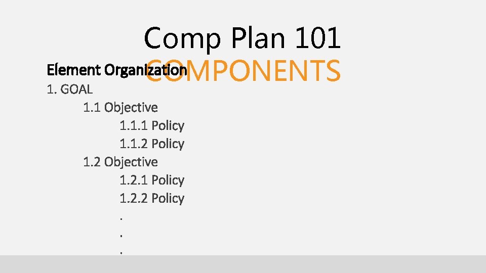 Comp Plan 101 Element Organization COMPONENTS 1. GOAL 1. 1 Objective 1. 1. 1 Comp Plan 101 Element Organization COMPONENTS 1. GOAL 1. 1 Objective 1. 1. 1