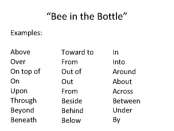 “Bee in the Bottle” Examples: Above Over On top of On Upon Through Beyond