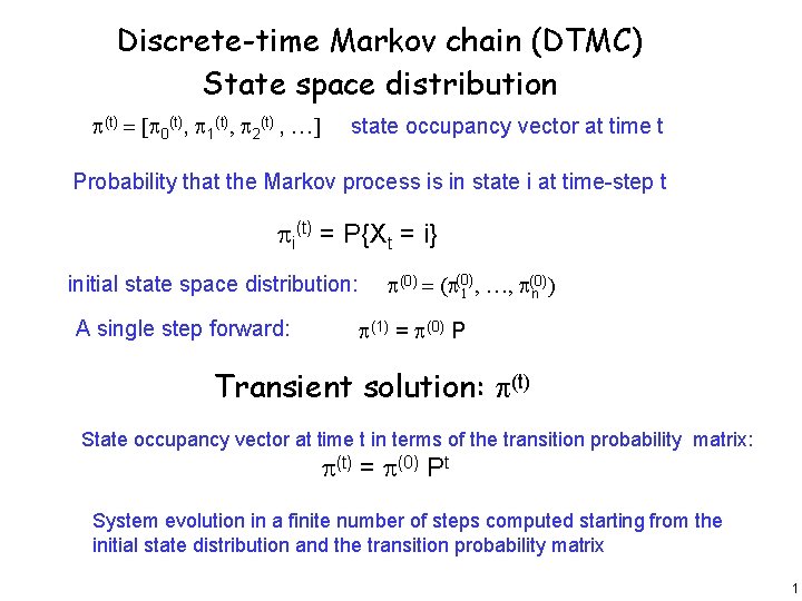 Discrete-time Markov chain (DTMC) State space distribution p(t) = [p 0(t), p 1(t), p