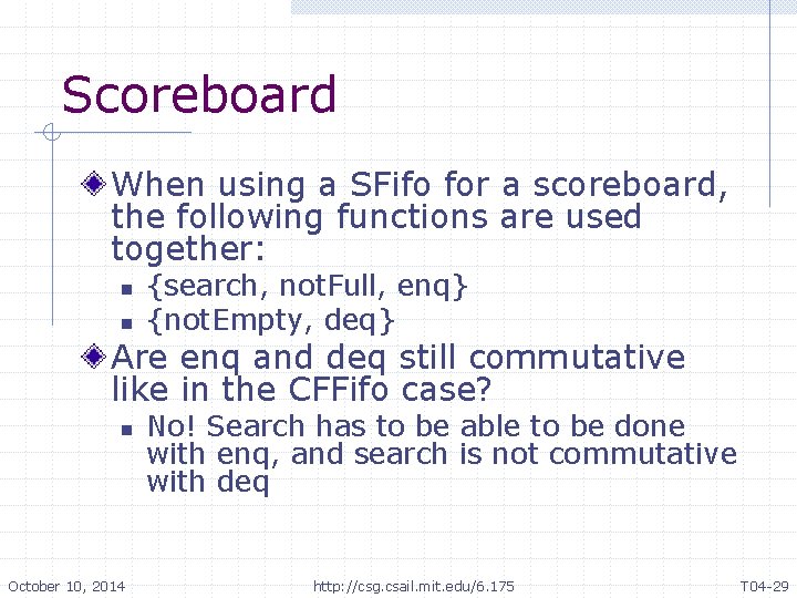 Scoreboard When using a SFifo for a scoreboard, the following functions are used together: Scoreboard When using a SFifo for a scoreboard, the following functions are used together: