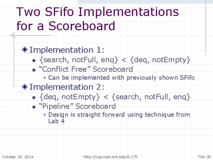 Two SFifo Implementations for a Scoreboard Implementation 1: n n {search, not. Full, enq} Two SFifo Implementations for a Scoreboard Implementation 1: n n {search, not. Full, enq}