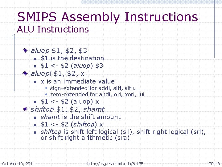 SMIPS Assembly Instructions ALU Instructions aluop $1, $2, $3 n n $1 is the SMIPS Assembly Instructions ALU Instructions aluop $1, $2, $3 n n $1 is the
