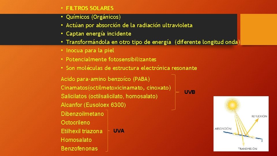  • • FILTROS SOLARES Químicos (Orgánicos) Actúan por absorción de la radiación ultravioleta