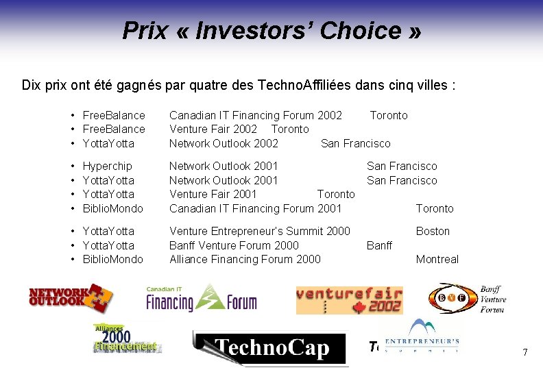 Prix « Investors’ Choice » Dix prix ont été gagnés par quatre des Techno.