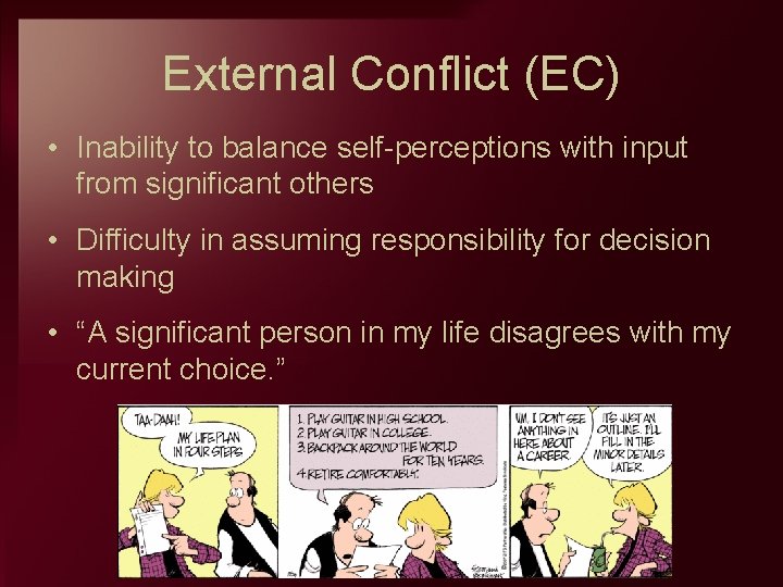 External Conflict (EC) • Inability to balance self perceptions with input from significant others