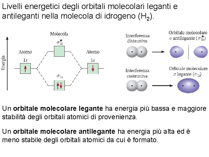 Livelli energetici degli orbitali molecolari leganti e antileganti nella molecola di idrogeno (H 2).
