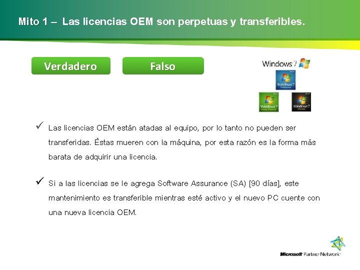 Mito 1 – Las licencias OEM son perpetuas y transferibles. Verdadero Falso ü Las