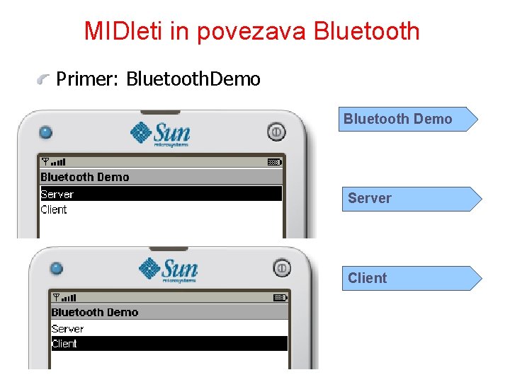 MIDleti in povezava Bluetooth Primer: Bluetooth. Demo Bluetooth Demo Server Client 