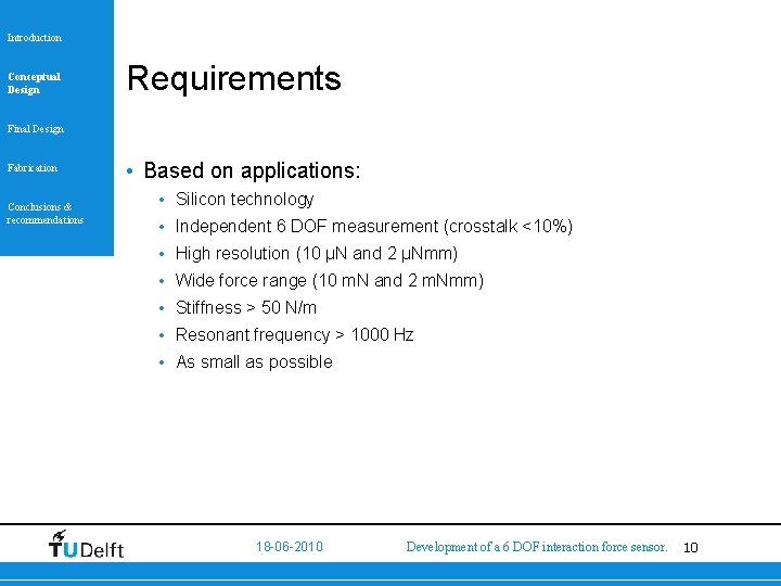 Introduction Conceptual Design Requirements Final Design Fabrication Conclusions & recommendations • Based on applications: