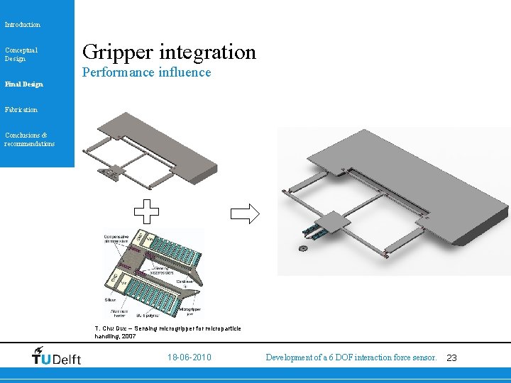 Introduction Conceptual Design Gripper integration Performance influence Final Design Fabrication Conclusions & recommendations T.