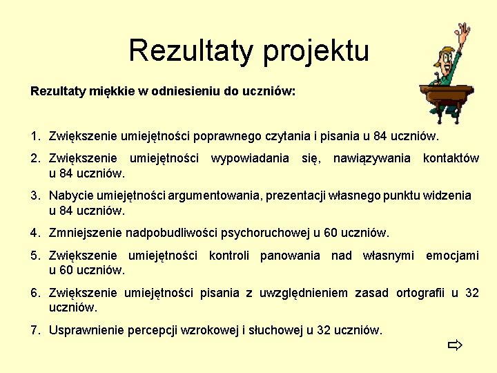 Rezultaty projektu Rezultaty miękkie w odniesieniu do uczniów: 1. Zwiększenie umiejętności poprawnego czytania i