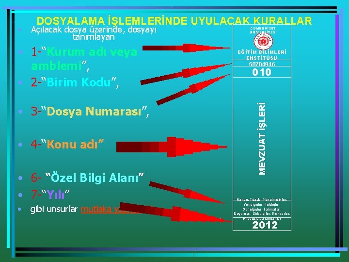 Açılacak dosya üzerinde, dosyayı tanımlayan • 1 -“Kurum adı veya amblemi”, • 2 -“Birim