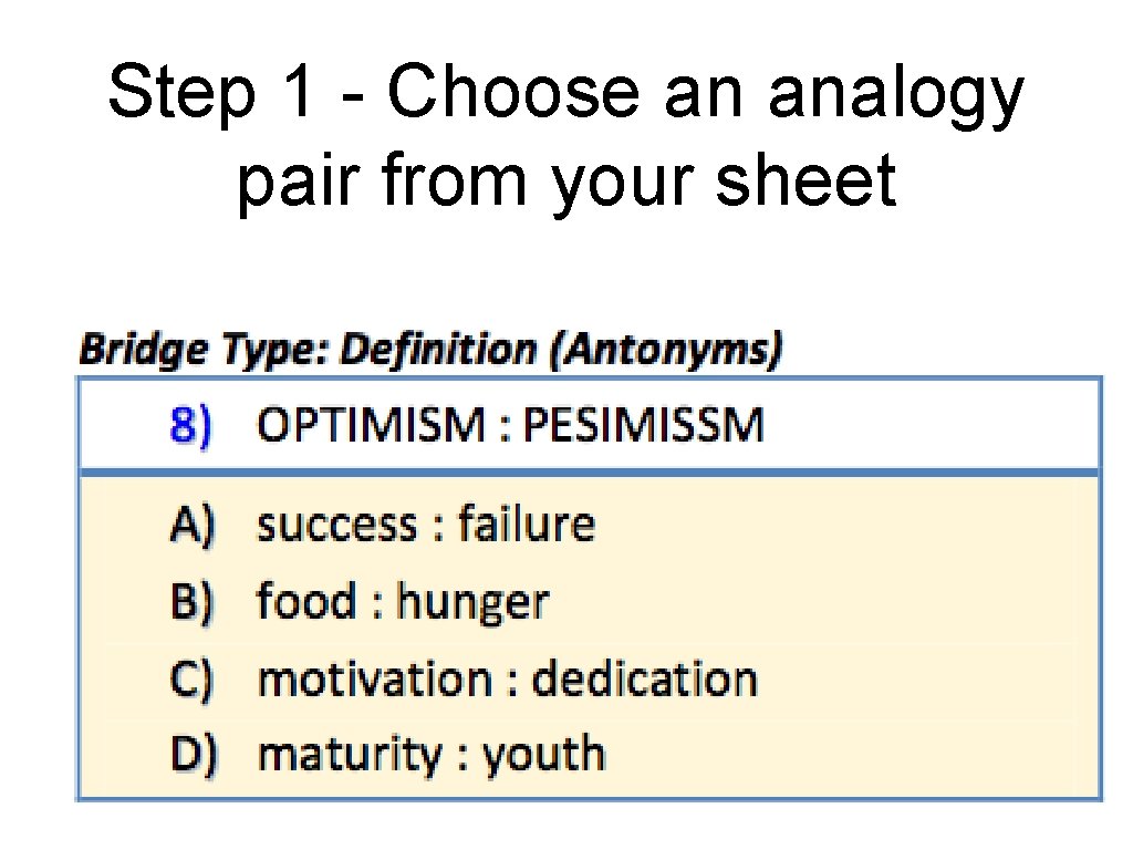 Step 1 - Choose an analogy pair from your sheet 