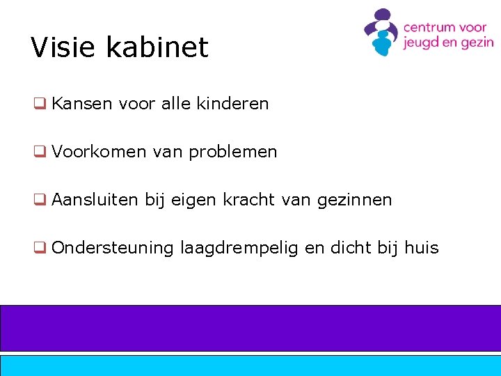 Visie kabinet q Kansen voor alle kinderen q Voorkomen van problemen q Aansluiten bij