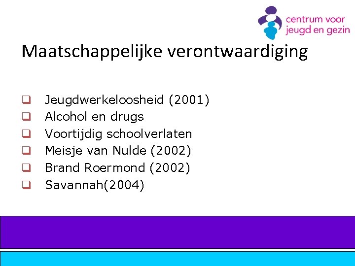 Maatschappelijke verontwaardiging q q q Jeugdwerkeloosheid (2001) Alcohol en drugs Voortijdig schoolverlaten Meisje van