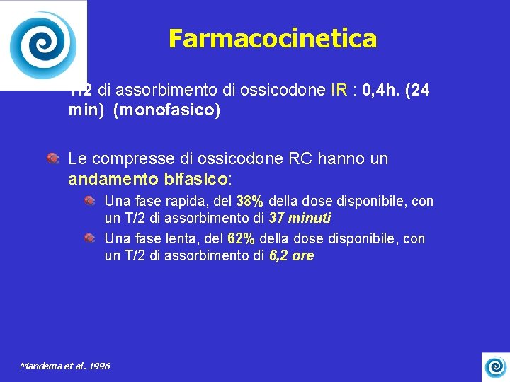 Farmacocinetica T/2 di assorbimento di ossicodone IR : 0, 4 h. (24 min) (monofasico)