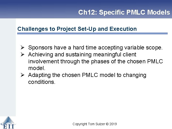 Ch 12: Specific PMLC Models Challenges to Project Set-Up and Execution Ø Sponsors have