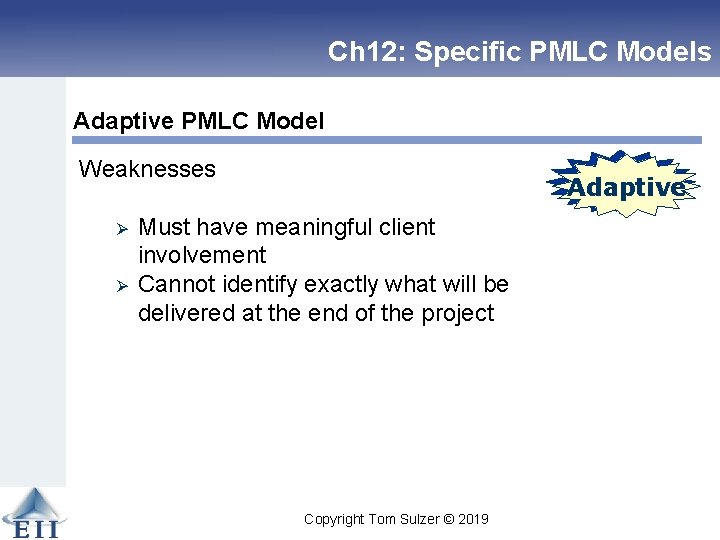 Ch 12: Specific PMLC Models Adaptive PMLC Model Weaknesses Ø Ø Linear Adaptive Linear