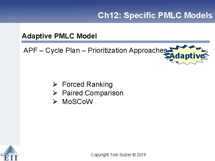 Ch 12: Specific PMLC Models Adaptive PMLC Model APF – Cycle Plan – Prioritization