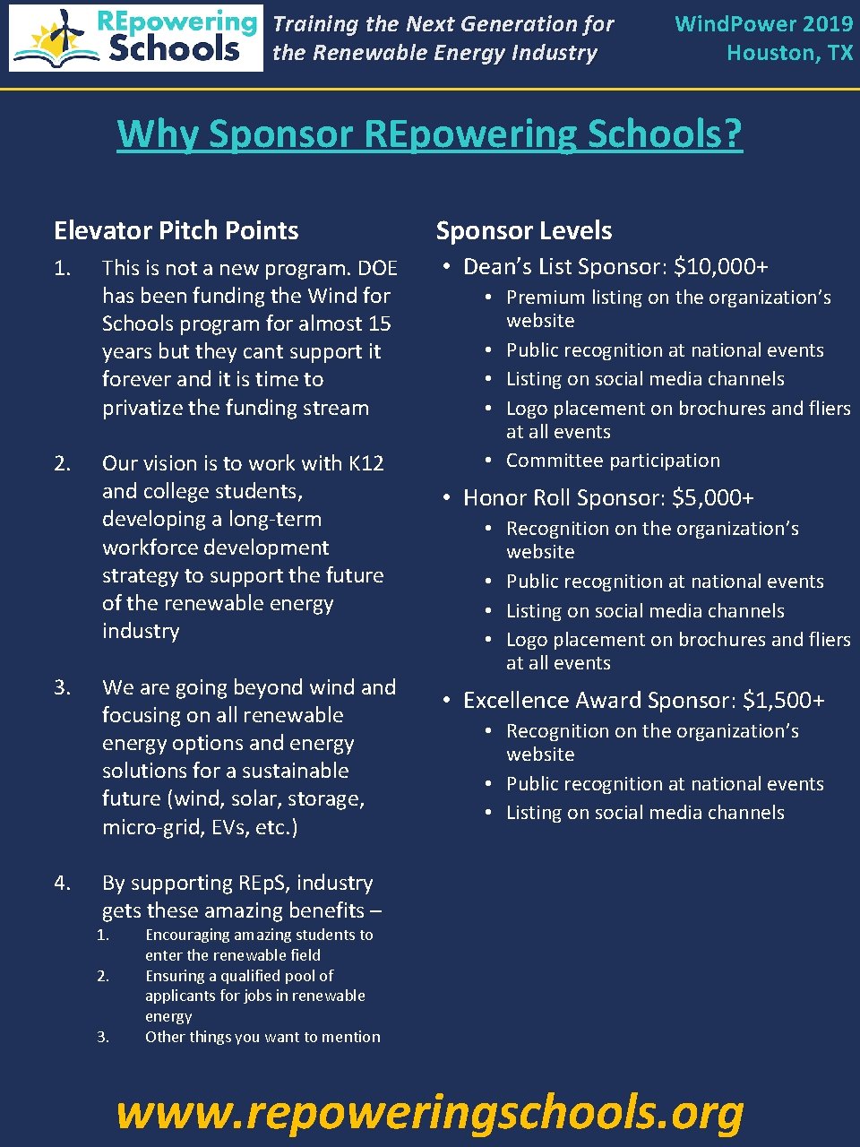 Training the Next Generation for the Renewable Energy Industry Wind. Power 2019 Houston, TX