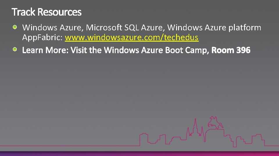Windows Azure, Microsoft SQL Azure, Windows Azure platform App. Fabric: www. windowsazure. com/techedus 
