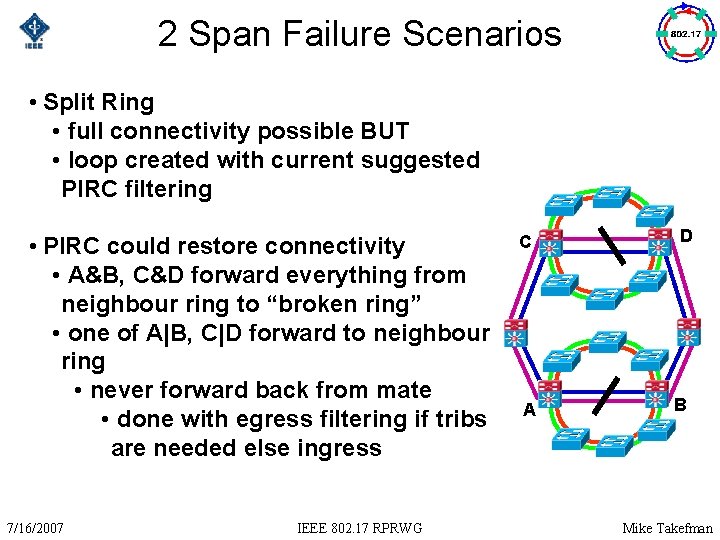 2 Span Failure Scenarios • Split Ring • full connectivity possible BUT • loop