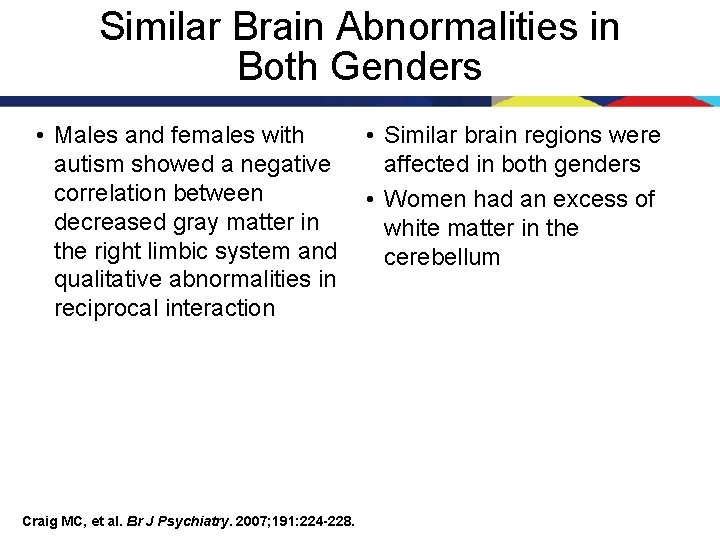 Similar Brain Abnormalities in Both Genders • Males and females with autism showed a