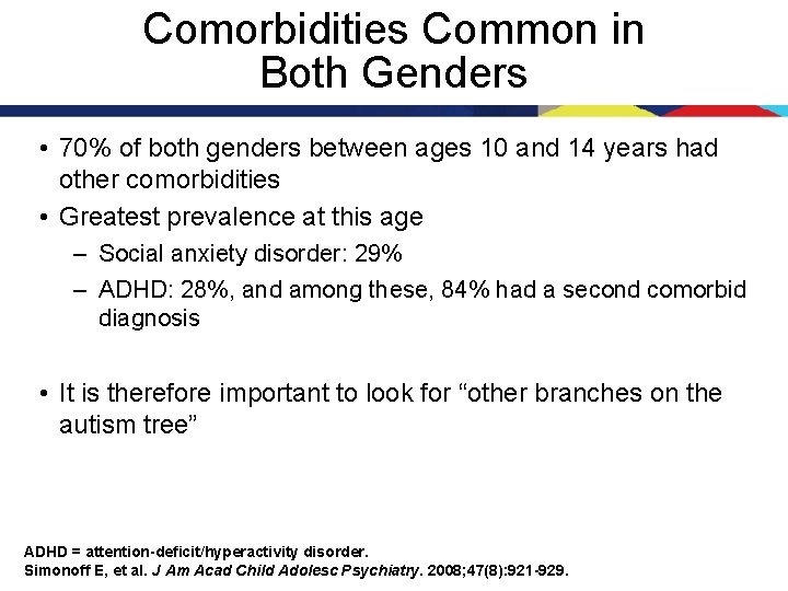 Comorbidities Common in Both Genders • 70% of both genders between ages 10 and