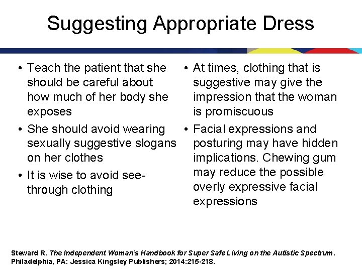 Suggesting Appropriate Dress • Teach the patient that she • At times, clothing that