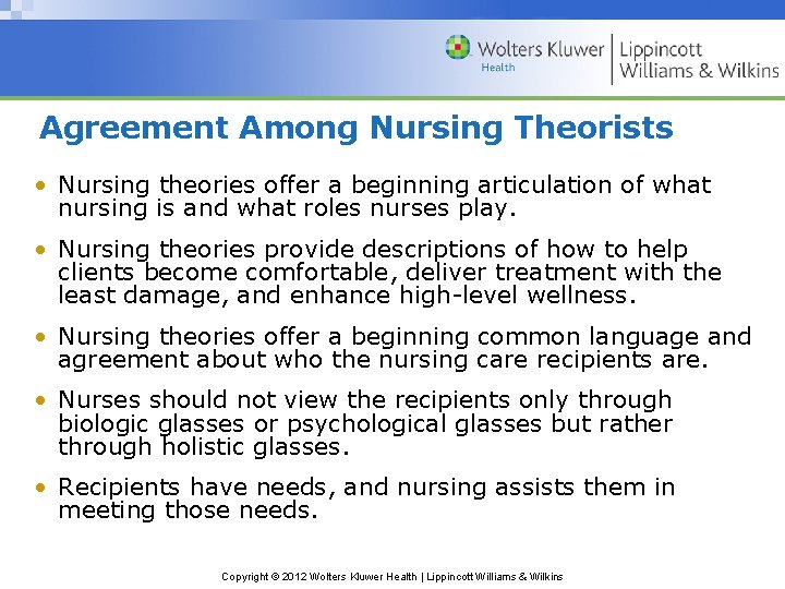 Agreement Among Nursing Theorists • Nursing theories offer a beginning articulation of what nursing