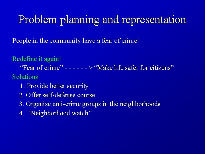 Problem planning and representation People in the community have a fear of crime! Redefine