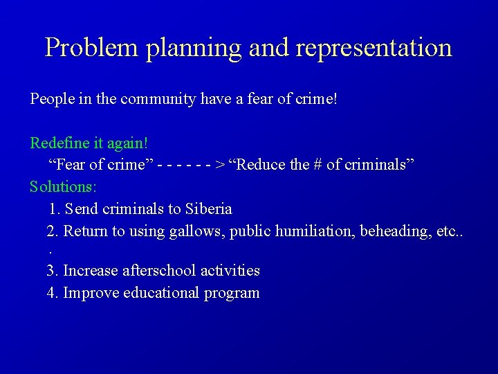 Problem planning and representation People in the community have a fear of crime! Redefine